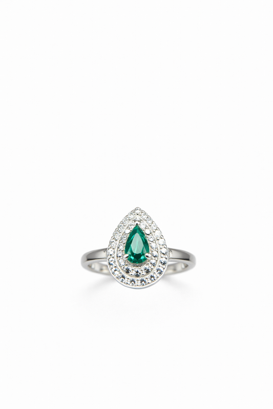 Anello Goccia in Argento 925 con Zircone Verde e Pavé Brillante
