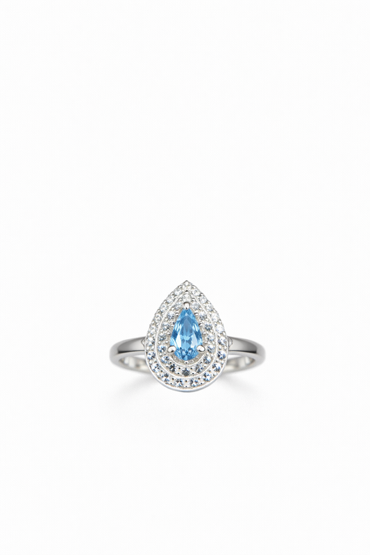 Anello Goccia in Argento 925 con Pietra Azzurra e Pavé Brillante