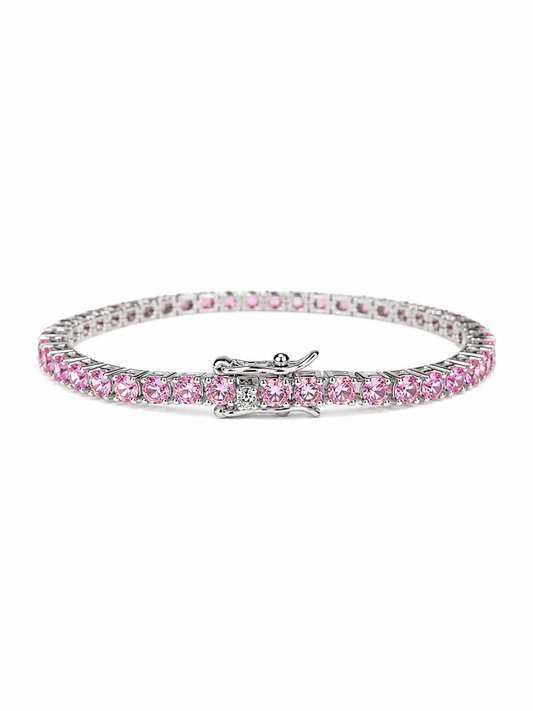 Bracciale Tennis Rosa Ice. Creato a mano e placcato in oro 18k . Zirconi A6 effetto diamante