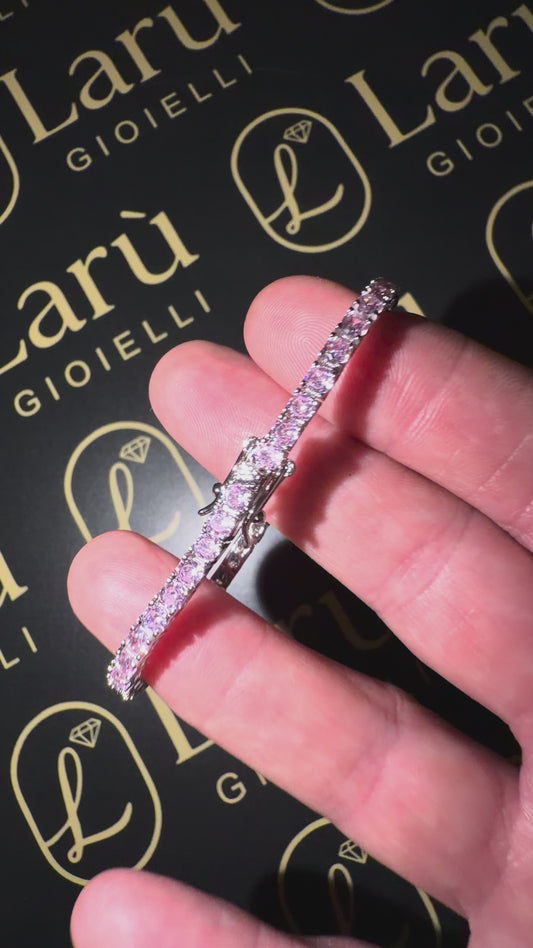 Bracciale Tennis Rosa Ice. Creato a mano e placcato in oro 18k . Zirconi A6 effetto diamante