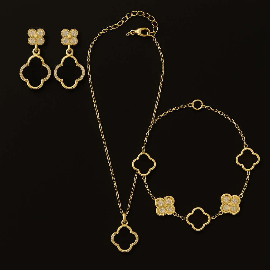 Set Gioielli in Acciaio Placcato Oro – Collezione Quadrifoglio Eleganza in argento 925 con zirconi - Larù Gioielli (per Bracciali) Set Gioielli in Acciaio Placcato Oro – Collezione Quadrifoglio Eleganza in argento 925 elegante - Larù Gioielli (per Collane) Set Gioielli in Acciaio Placcato Oro – Collezione Quadrifoglio Eleganza in argento 925 luminosi - s